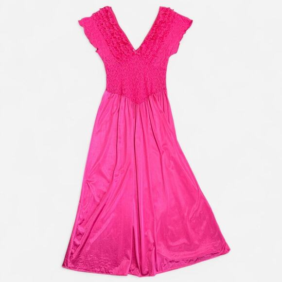 VTG 80s Hot Pink Nylon Stretchy Sheer Floral Ruffle Lace Plunge Midi Slip Dress - Picture 5 of 6